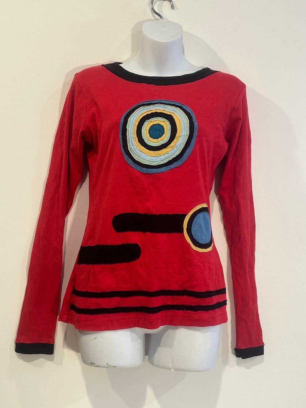 Vintage Swamee Red Raw Edge Target Circle Patchwork Hippie Long Sleeve Top M